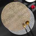 Gold Placemats Round Set of 4 Round PVC Table Mats 15 inches Decorative Heat Resistant Placemats Easy to Clean Kitchen Mats with Leaf Cut-Out Design for Dining Table Holiday Wedding Party Decorative