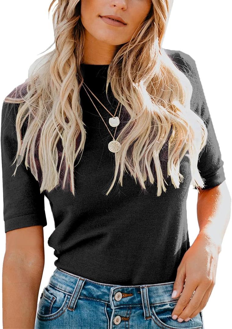 LIYOHON Womens Tops Dressy Casual Mock Turtleneck Business Short Sleeve T Shirts Going Out Tops 2025 (Medium, Black)
