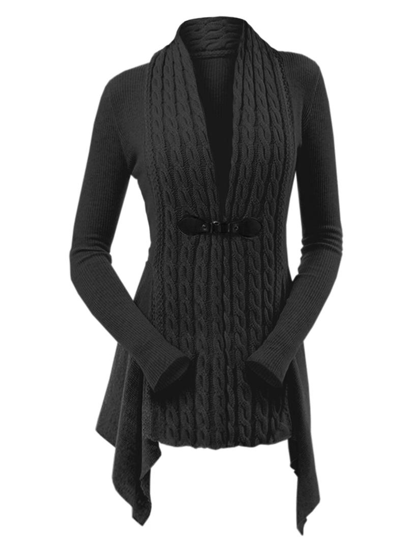 DRESSFO Women's Fall Winter Cardigan Sweater Long Sleeve Open Front Coat Casual Cable Knit Cardigan Coat Outerwear（Black/ L）