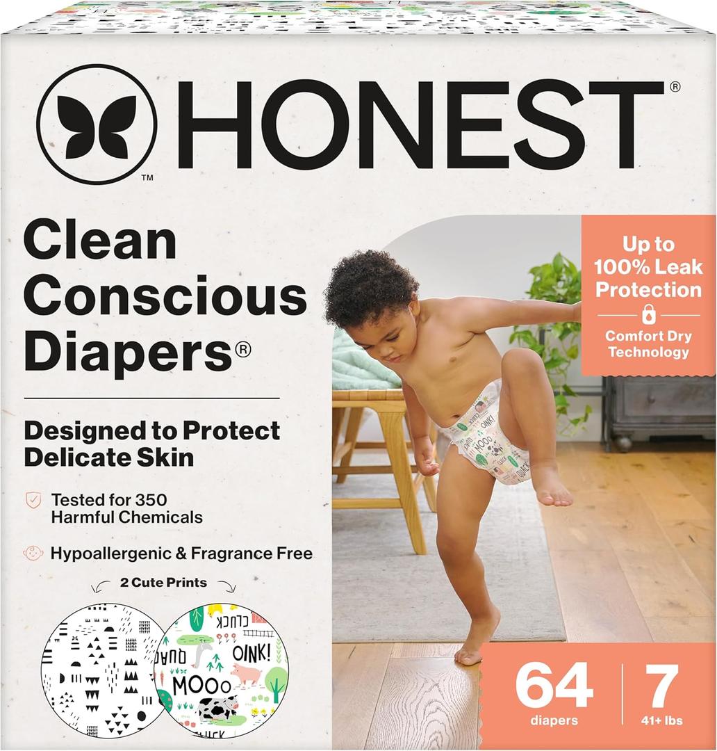 The Honest Company Clean Conscious Diapers for Delicate Skin | Up to 100% Leakproof | Hypoallergenic, Fragrance Free | Gender Neutral | Super Club Box, Size 7 (41+ lbs), 64 Count (Prints May Vary) (Barnyard Babies + Pattern Play)