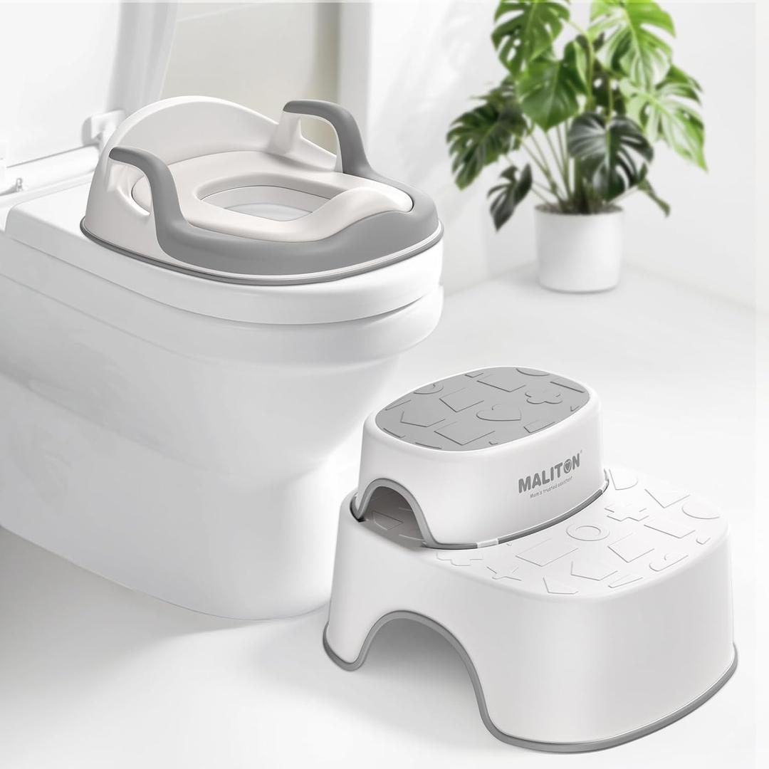 Maliton Baby Potty Training Seat with Step Stool, Toddler Toilet Seat for Boys Girls, Anti-Slip Toddler Stool for Bathroom, Kitchen, Toilet Potty Training Set(One Potty Seat+Two Step Stool for Kids) (Gray)