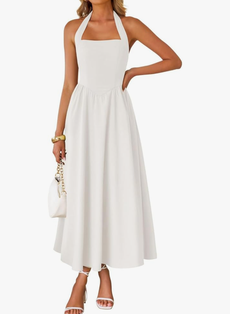 ZESICA Women's Summer Sleeveless Halter Midi Dress 2026 Off Shoulder High Waist Flowy Beach Wedding Guest Long Dresses L