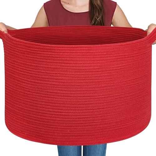 MEGASKET Extra Large Red Basket for Organizing, 22" X 22" X 14" Woven Cotton Rope Bins for Blankets, Baby Nursery Wicker Laundry Basket, Kids Dog Toy Storage Box, Big Red Living Room Decor Organizer