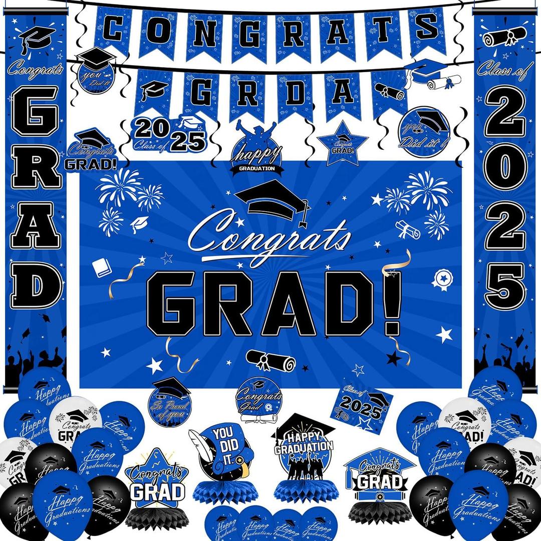 Graduation Decorations 2025 Set - Blue Themed Congrats Grad Banner, Backdrop, Hanging Swirls, Porch Sign, Balloons - Complete Party Supplies for High School, College Graduation Decorations
