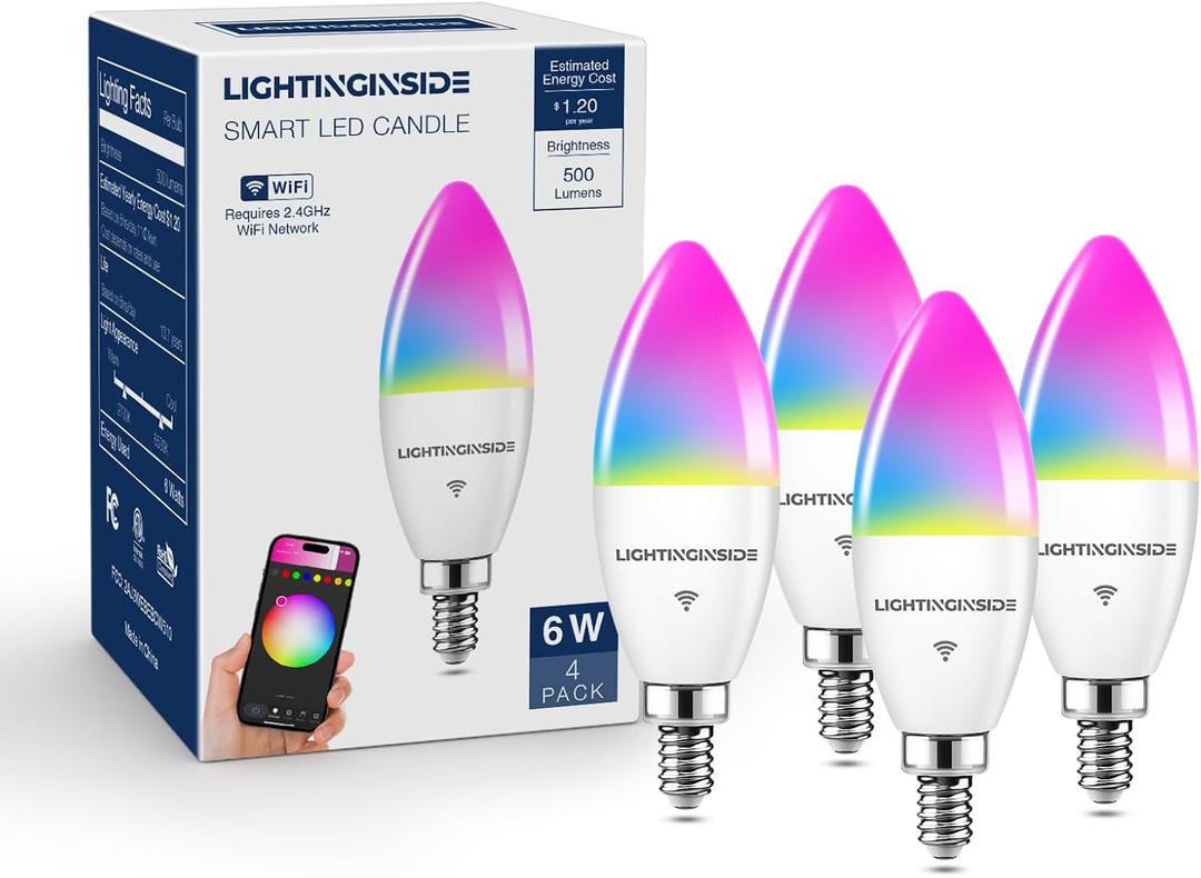 Smart Candelabra LED Bulbs 60 Watt Equivalent, 500LM 6W, E12 LED Bulb Compatible with Alexa/Google Assistant/Smart Life, RGBCW Candle, No Hub Required, 2.4G WiFi Only, ETL Listed, 4PCS