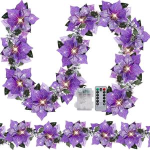 Zubebe 2 Pcs Prelit Poinsettia Christmas Garland with String Lights Glitter Holly Leaves Berries Remote Timer 8 Modes 6.5 ft Lighted Flower Garland Battery Operated Indoor Outdoor Decor (Purple)