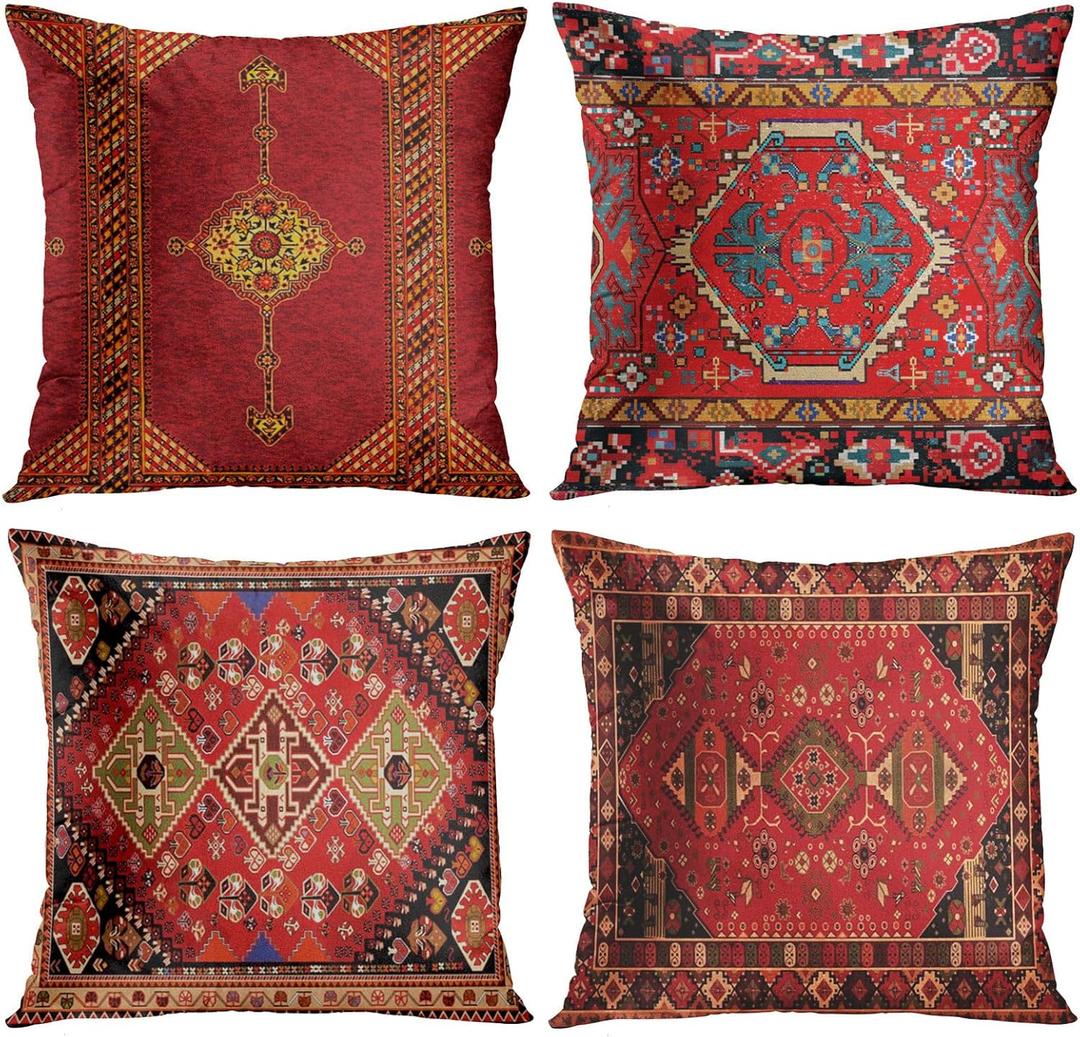 Britimes Throw Pillow Covers Geometric Kilim Moroccan Home Decor Set of 4 Oriental Ikat Pillow Cases Living Room Decorative 18 x 18 Inches Cushion Couch Sofa Pillowcases Colorful Red Tribal