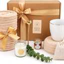 Gift Basket for Women, Unique Birthday Gift, Relaxation or Get Well Soon Gift – Cozy Blanket, Mug, Candle, Honey Jar, Herbal Tea, Gold Spoon, Thank you Card, Gift Box – White Arch
