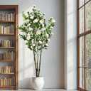 6.89ft Faux Camellia Tree, Handmade Artificial Floral Camellia Tree, Fake Pink White Blooming Flowers Green Leaves, Artificial Plants for Home Front Door Decor Indoor Outdoor Party Wedding