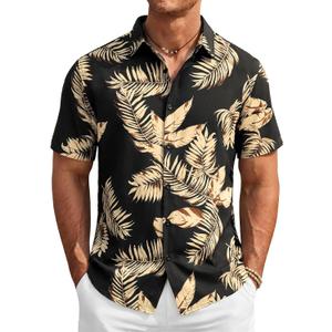 Runcati Mens Button Down Linen Shirt Short Sleeve Summer Beach Wedding Tops (Black, L)