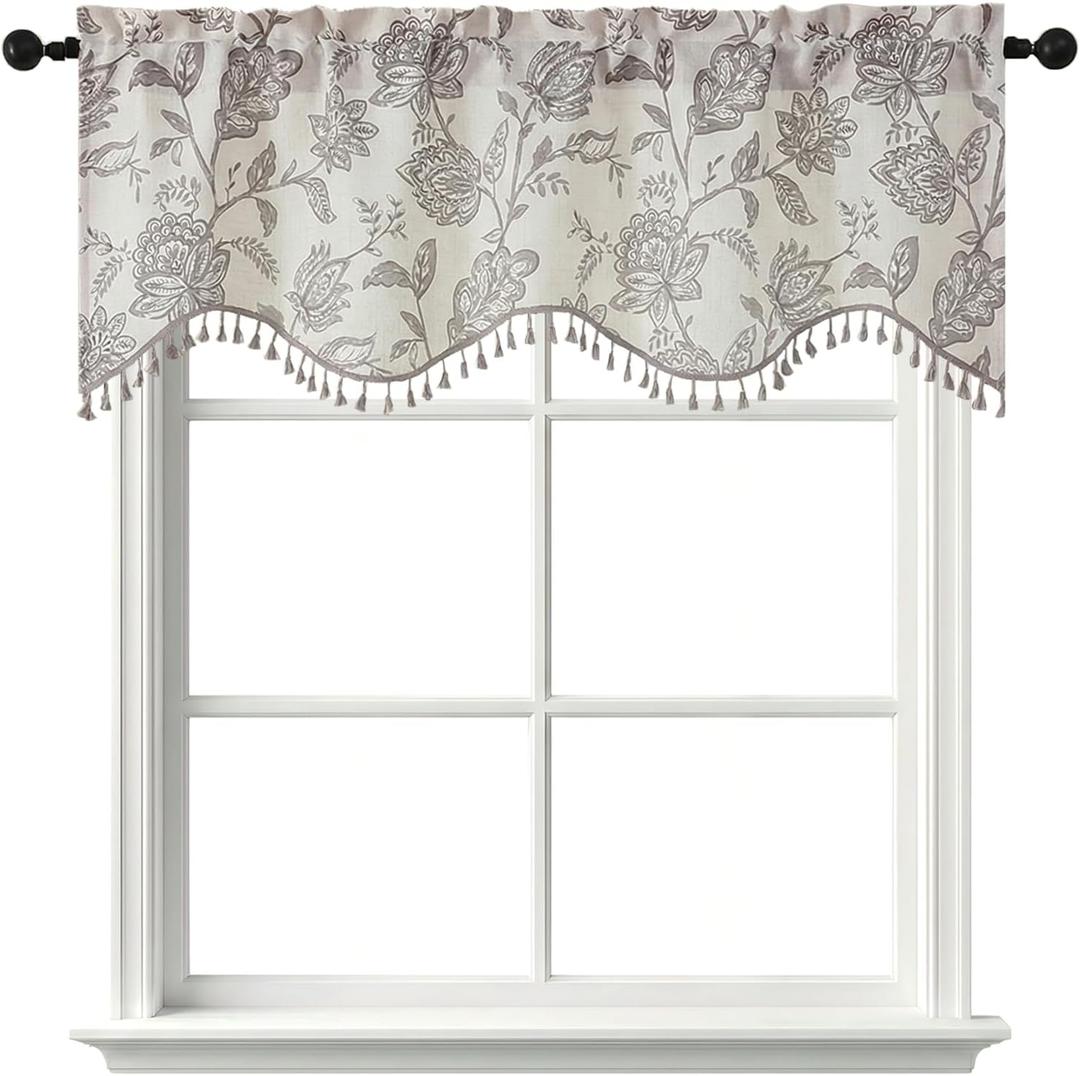 Scalloped Valance for Windows - Farmhouse Light Filtering Faux Linen Textured Fabric Floral Patterned Kitchen Valance with Tassels for Cafe Living Room Basement Laundry, 1 Piece, 52Wx18L, Grey