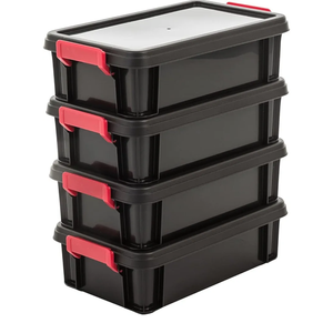 Iris Ohyama, Storage Plastic Tool Boxes with Lid and Clip, 4L, Set of 5, Stackable, BPA-Free, Wind, Shed, Garage, MBX-4, Black
