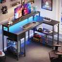 SUPERJARE 47 inch L Shaped Gaming Desk with LED Lights & Power Outlets, Reversible Computer Desk with Shelves & Monitor Stand, Corner Desk with Drawer, for Home & Office, Carbon Fiber Black