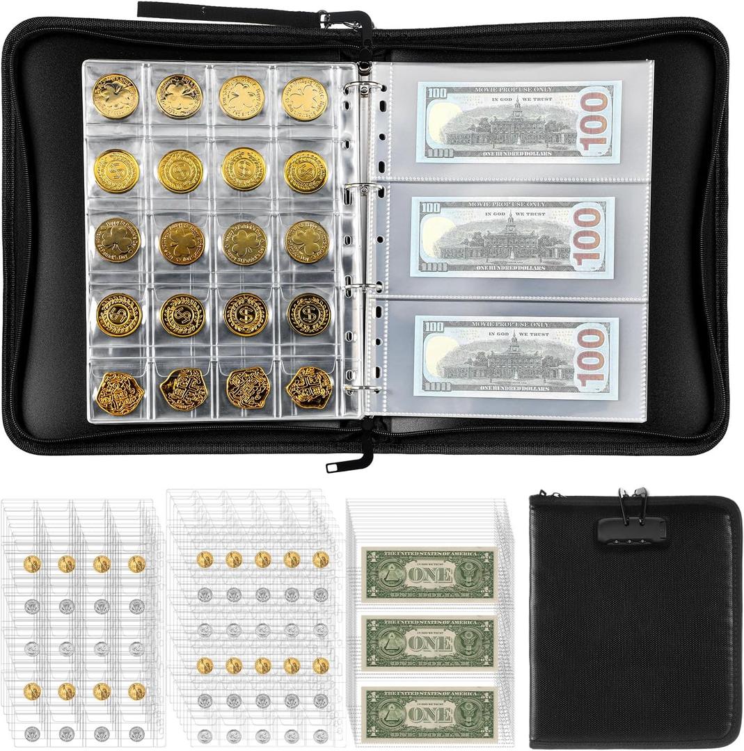 Coin Collection Album for Collectors with Lock, 400 Pockets Fireproof Coin Holder Book & 36 Paper Currency Binder Sleeves, Coins Storage Collecting Organizer for Pennies,Bill,Tokens,Badges