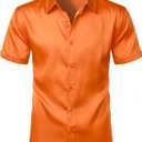 ZEROYAA Men's Hipster Shiny Silk Satin Shirt Regular Fit Short Sleeve Casual Button Down Dress Shirts for Summer Party (Orange, Small)