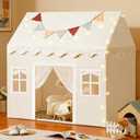 Tiny Land Play Tent with Padded Mat & LED Lights, Kids Tent, Playhouse for Kids, Indoor Bed Tent for Toddler, Toys for 3,4,5,6-Year-Old Girls, Neutral Color Play Room Furniture