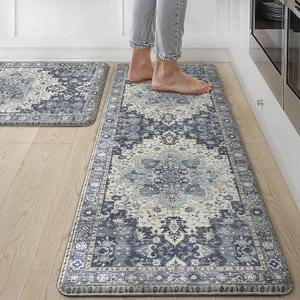GENIMO Kitchen Mats for Floor 2PCs, Washable Anti Fatigue Mat for Cushioned, 17.3"x47"+17.3"x30", Waterproof Kitchen Rugs, Non Slip Comfort Standing Mat Rug for Home, Sink, Laundry