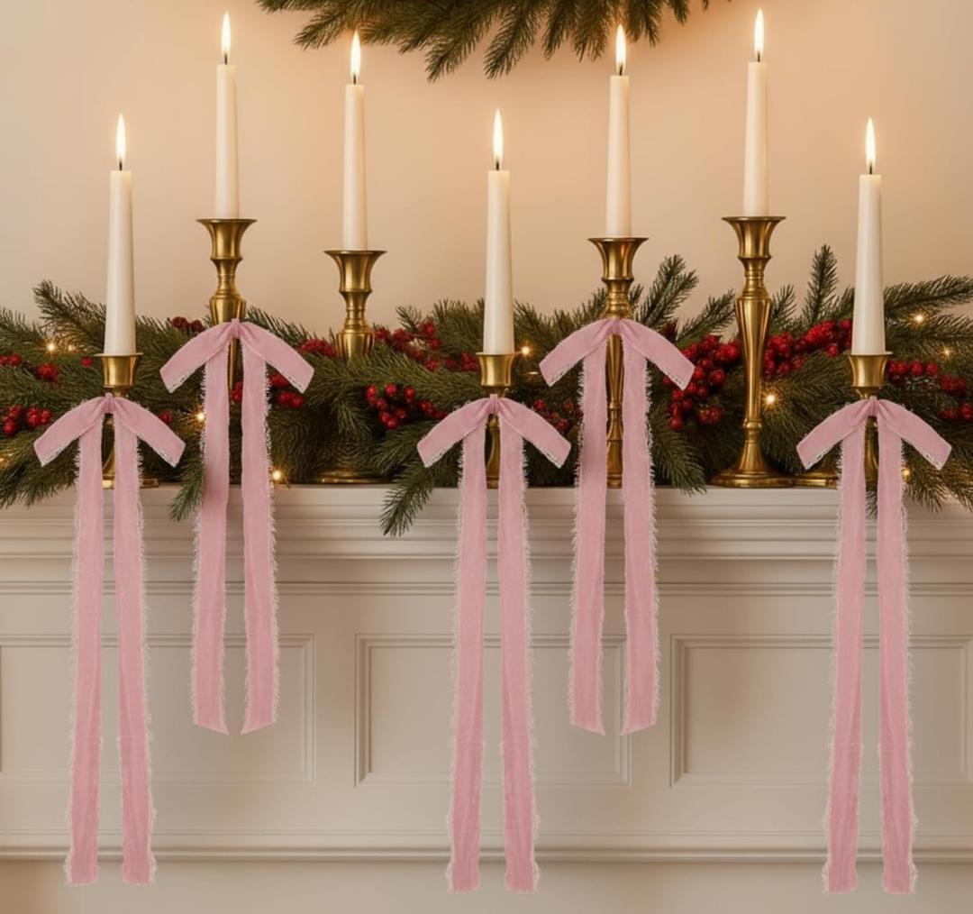 12 Pcs Velvet Christmas Bows Candle Holder Decoration Large Raw Edge Pre-Tied Bow 7.1"x15.7" Vintage Fringe Ribbon Handmade Bow for Christmas Tree Candlestick Rustic Gift Wrapping(Pink)