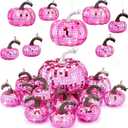 Lenwen 12 Pcs Artificial Disco Pumpkin Glitter Mirror Pumpkin for Decorating Fall Farmhouse Hanging Ornament Harvest Decor for Halloween Thanksgiving Table Centerpiece(Bright Pink)