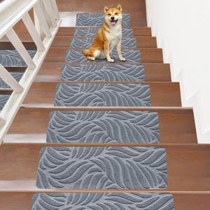 Non-Slip Stair Treads Mat Carpet for Wooden Steps(7/15 Pack), 21.6 x 7.4IN Self-Adhesive, Safety Indoor Stair Runner Mats, Anti Slip Stair Treads for Kids Elders and Dogs Pets (Light Grey)