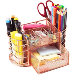 Desk Organizer, Pen Holder for Desk, Metal Pencil Caddy Storage for Desktop Office Supplies (Rose Gold)