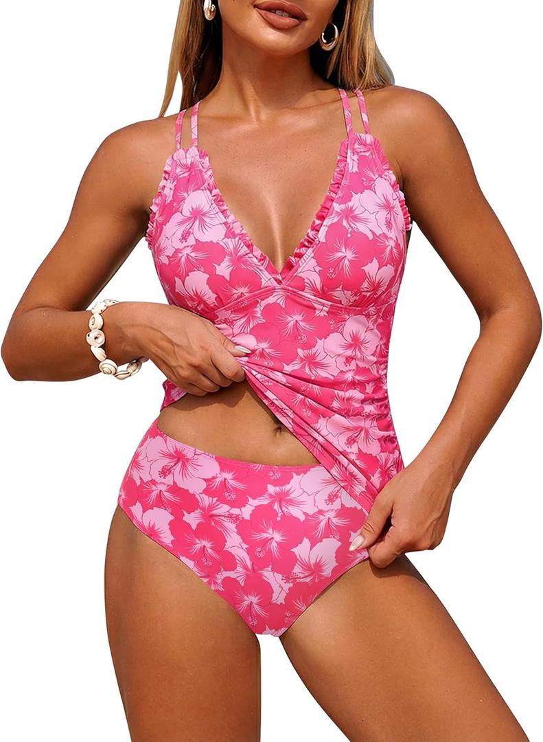 ZAFUL Womens Tankini Swimsuits Smocked 2 Piece Bathing Suits Modest Tie Back Swimwear (X-Large, Pink Floral)