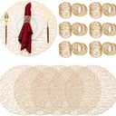 Set of 12 Woven Gold Placemats Hollow Out Holiday Metallic Mats Golden Round Placemats Handmade Mesh Napkin Rings Holder Gold Napkin Rings for Weddings Dinner Table Parties