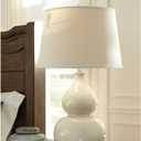 Signature Design by Ashley Saffi Transitional UL Listed Table Lamp with Fabric Shade and Double Gourd Base and 3-Way Switch, Ceramic, 29.75" High, Cream
