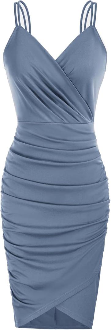 GRACE KARIN Women's Sexy Spaghetti Straps Cocktail Dresses for Wedding Guest Ruched V-Neck Bodycon Dress (XX-Large, Solid Blue Gray)
