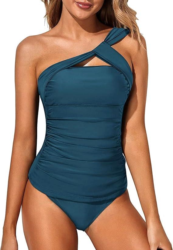 Tempt Me Two Piece Tankini Bathing Suits for Women One Shoulder Swim Top with Bottom Swimsuits (XL)