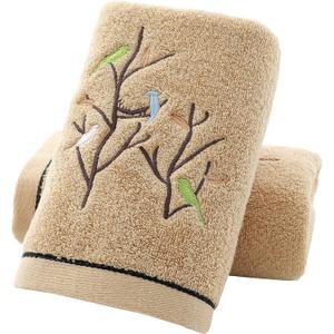 Pidada Hand Towels Set of 2 Embroidered Bird Tree Pattern 100% Cotton Absorbent Soft Decorative Towel for Bathroom (Brown)
