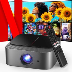 [2025 Netflix-Licensed | 386+ Built-in Apps] DBPOWER E2 Smart Projector with WiFi and Bluetooth, Mini Projector 4K Support with Netflix, YouTube, Disney+, Hulu, Max, Crunchyroll with  Portable Case (Grey)
