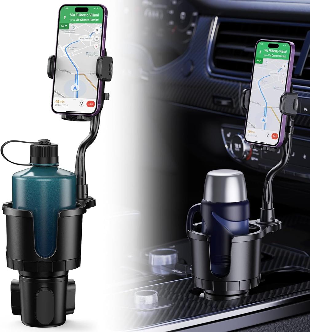 Cup Holder Phone Holder Mount [Super Stable and Durable] 2-in-1 Car CupHolder Expander with Phone Mount with Adjustable Base,Thick Gooseneck 360° Swivel Cup Holder, Fits All Smartphones