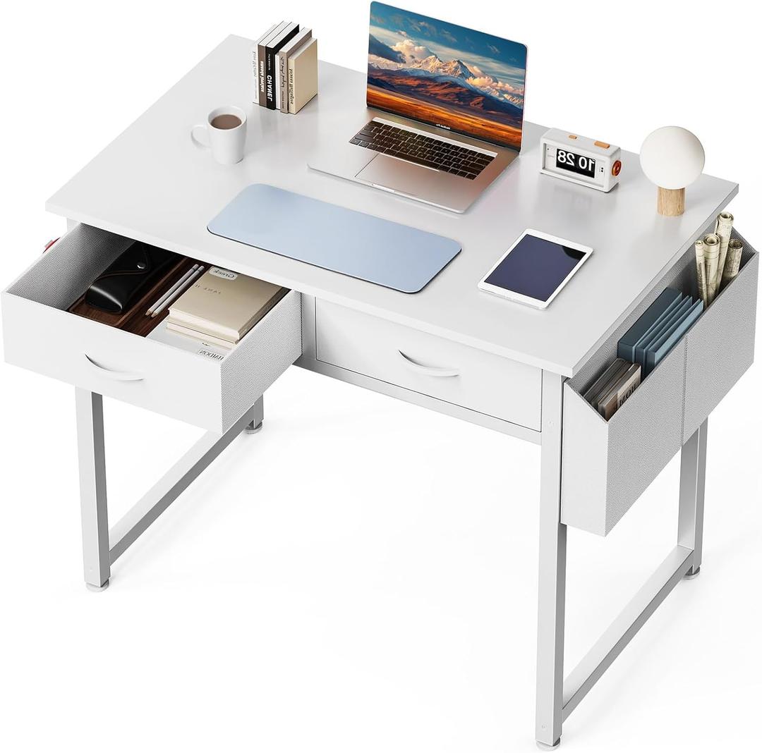 DUMOS 32" Home Office Computer Desk with Drawers, Small Gaming Writing Study Table with Storage Side Bag, Headphone Hook and Adjustable Feet for Bedroom White