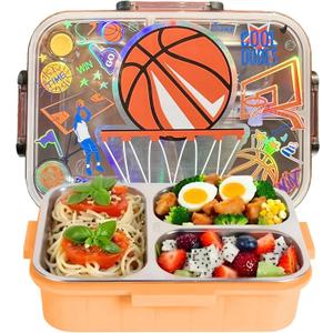 Stainless Steel Bento Lunch Box for Kids, 800ml/27oz BPA-Free Leak-Proof Food Containers with 3 Compartments, Freezer & Dishwasher Safe, Back to School Students Lunches Size for Ages 3-7 (B12. Basketball)