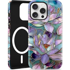 Compatible with MagSafe Flower Phone Case for iPhone 13 Pro, Cute Magnetic Stained Glass Floral Aesthetic Soft Shockproof Protective Phone Cover for Women Girls-Purple Water Lily