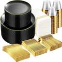 700PCS Black and Gold Disposable Dinnerware Set - Includes 100 Black Plastic Plates, 100 Dessert Plates, 100 Gold Plastic Silverware Set, 100 Cups 9 OZ, 100 Napkins Ideal for Wedding Party Birthday