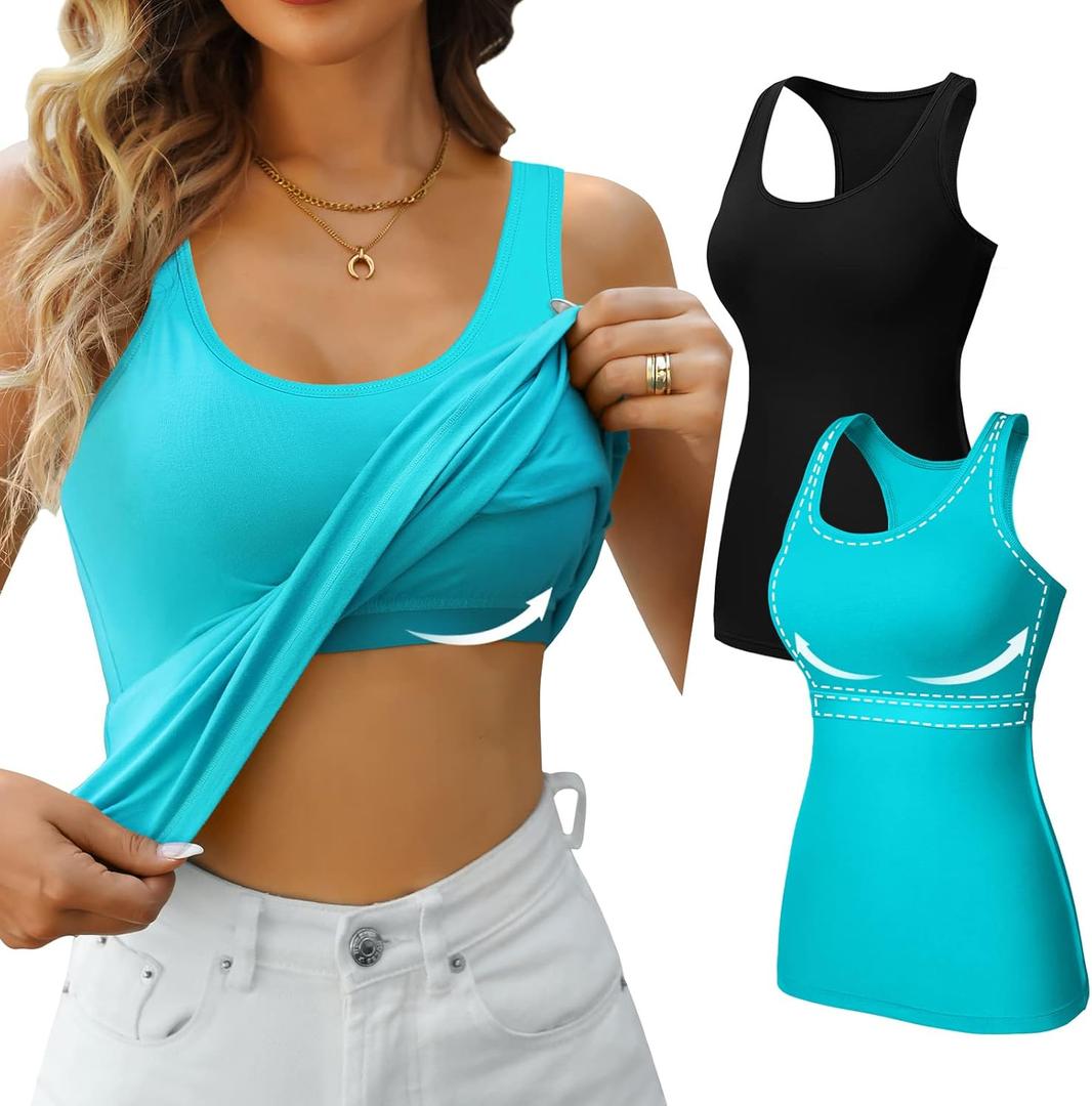 V FOR CITY Women's Shelf Bra Tank Tops Racerback Workout Camis Yoga Shirt Cotton Undershirt 2 Pack (Large, Black/Aqua)