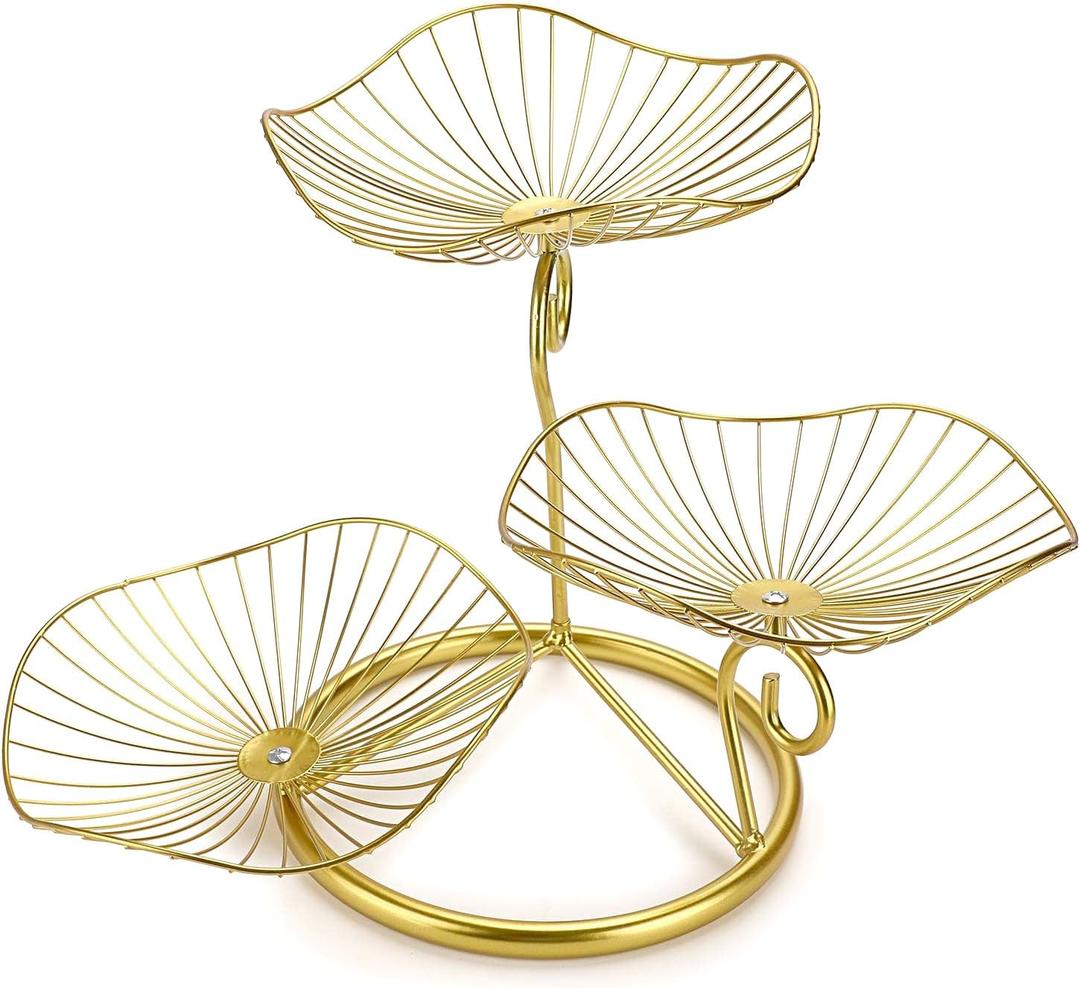 OwnMy 3-Tier Fruit Basket Stand Decorative Iron Fruit Bowl, Metal Wire Fruit Holder Storage Trays Table Countertop Holder for Vegetables Bread Snack, Modern Fruit Bowls for Kitchen Home Use (Gold)