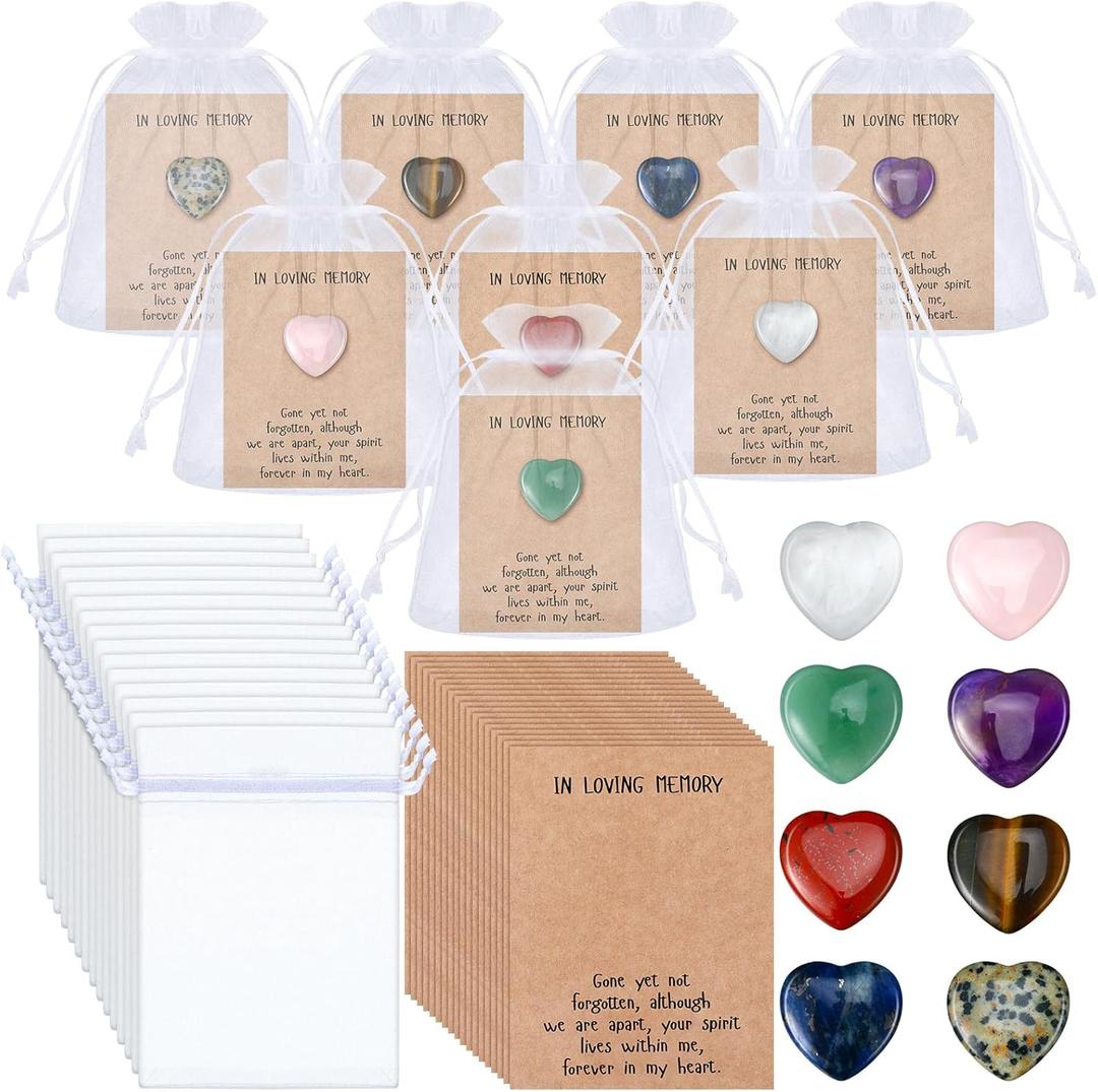 Humyoun 50 Sets Celebration of Life Favors Pocket Token Bulk Cards with Heart Shape Natural Stones Organza Bags Keepsake Sympathy Thank You Gifts for Memorial Party Supply Funeral Guest Return Favors