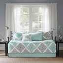 Madison Park Daybed Cover Set - Double Sided Quilting Casual Design, All Season Bedding with Bedskirt, Matching Shams, Decorative Pillow, 75"x39", Diamond Aqua 6 Piece