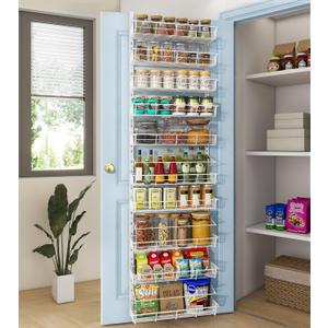 White 10-Tier Over The Door Pantry Organizer, Pantry Organization and Storage, Metal Hanging Adjustable Basket, Wall Spice Rack Seasoning Shelves, Home & Kitchen Essentials