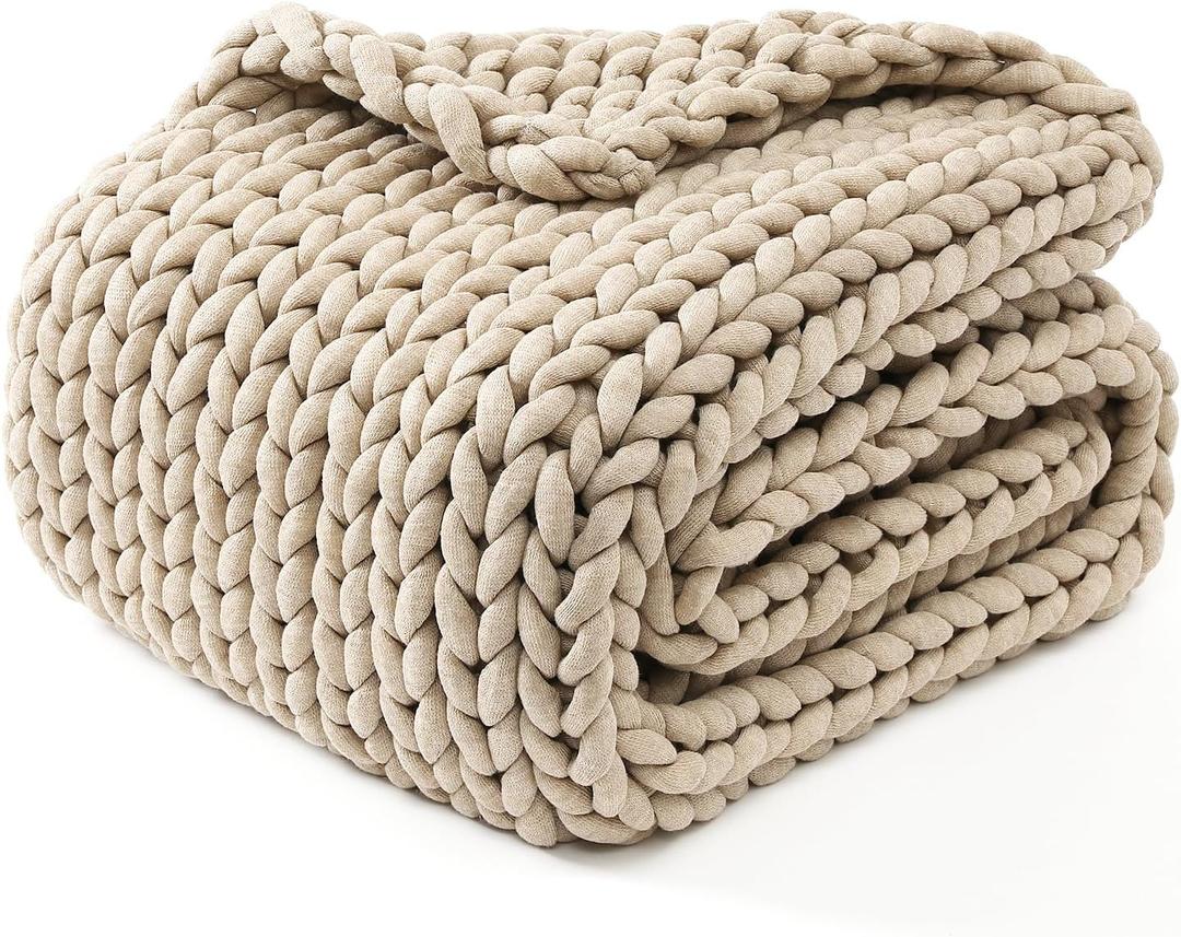 YnM Chunky Throw Blanket, Medium-Weight, Hand Knitted, Skin Friendly, Ventilated and Breathable, Machine Washable, Home Dcor Piece for Couch, Sofa and Bed (Beige, 50x70 Inch)