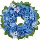 Hollyone Artificial Hydrangea Wreath for Front Door, 20 Inch Blue Faux Hydrangea Flower Wreaths Fake Spring Summer Flowers Wreath for All Season Indoor Outdoor Home Mantel Wall Farmhouse Decor