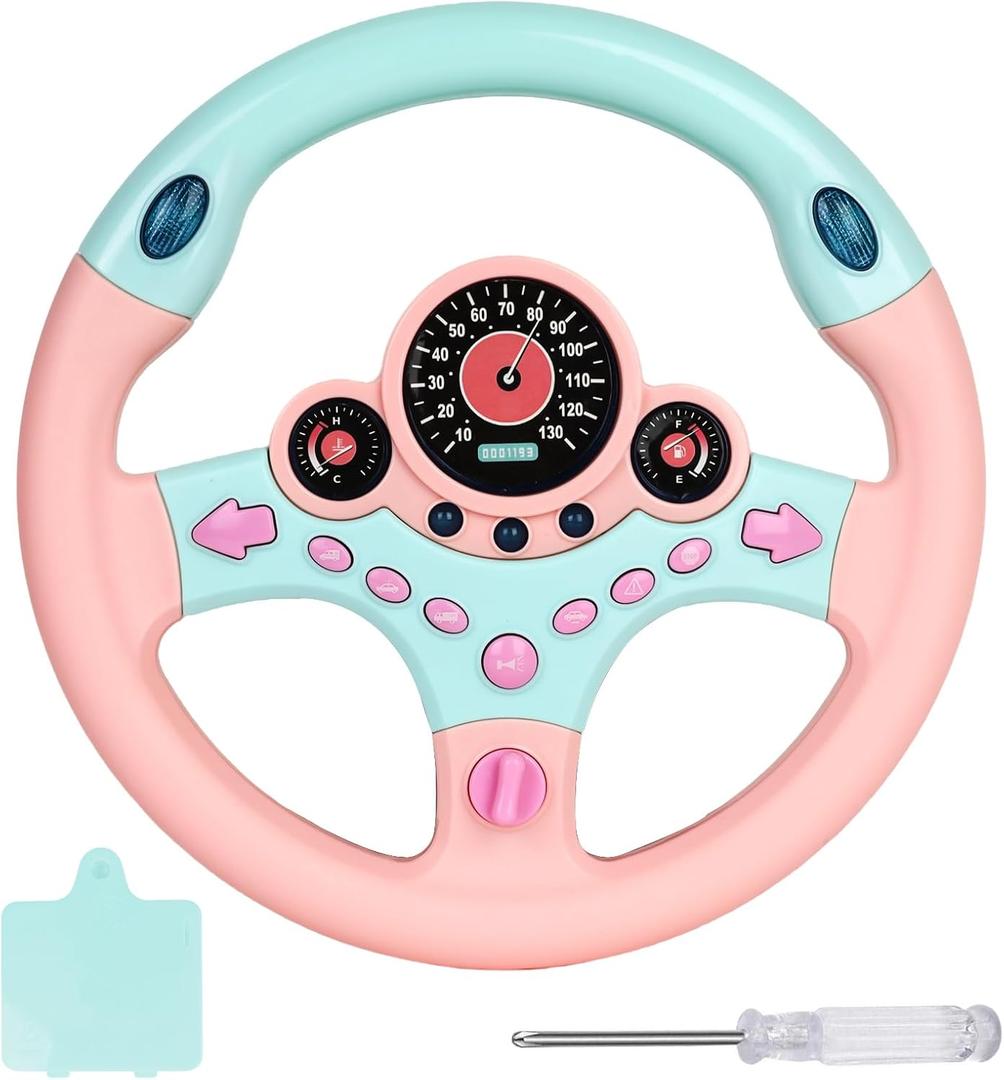 Toy Steering Wheel for Kids with Light and Music, Simulated Driving Toys Gift for Toddlers 3+ (Pink)