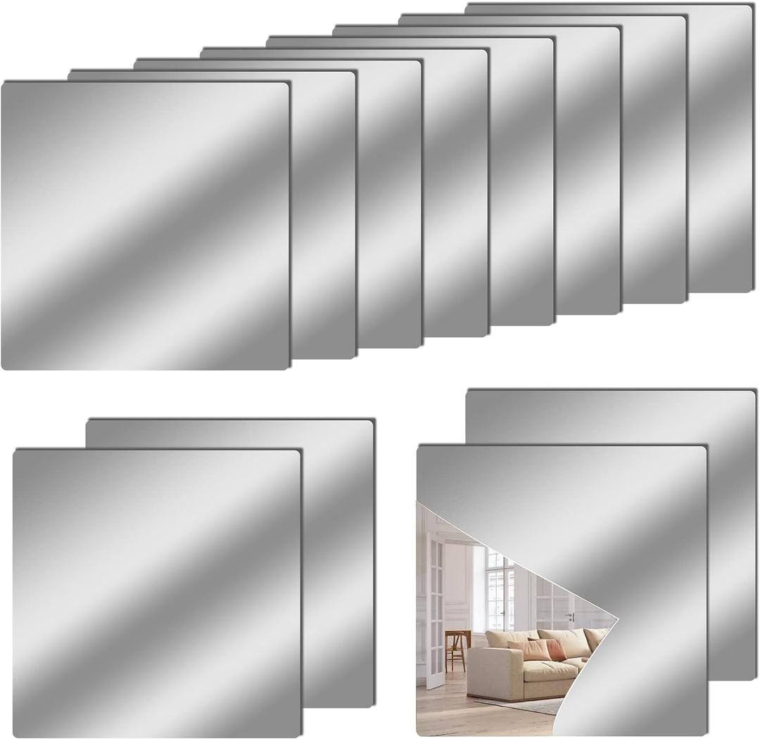 12" x 12" Acrylic Flexible Mirror Sheets, 12 Pack Self-Adhesive Mirror Tiles, Square Cuttable Wall Stickers, Non-Glass, Safety Reflective for DIY Craft Home Wall Decor