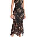 KUTUMAI Women Bodycon Long Formal Dress Asymmetric Hem Lace Neck Wedding Guest Cocktail Maxi Dresses BlackFloral L (L)