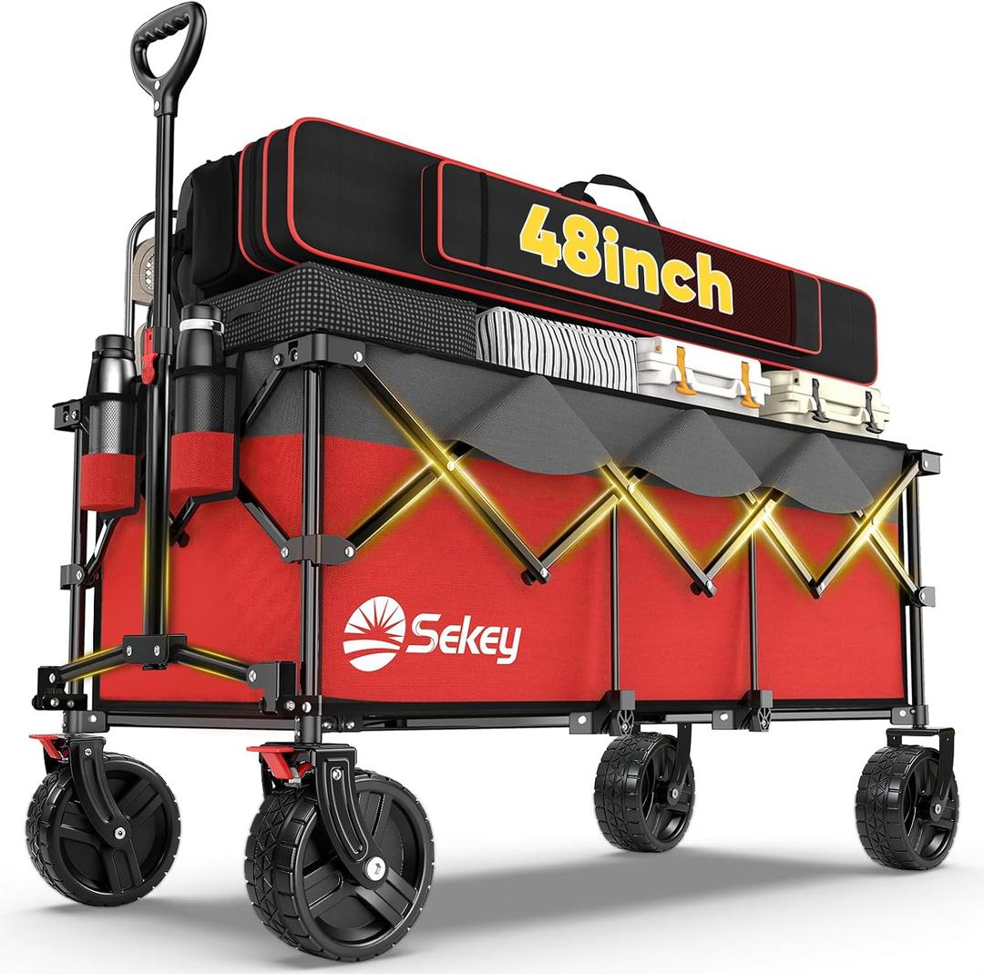 Sekey 48''L Collapsible Foldable Extended Wagon with 660lbs Weight Capacity, Heavy Duty 300L Folding Utility Garden Cart with Big All-Terrain Beach Wheels & Drink Holders. Red&Grey