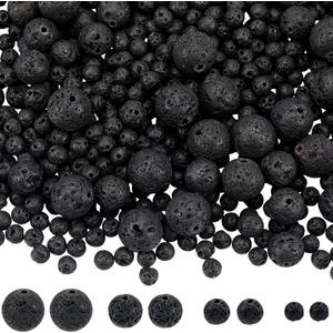 580Pcs 4mm 6.5mm 8mm 10mm Black Lava Beads Natural Lava Rock Beads Round Ball Small Loose Spacer Stone Charms Findings Accessories for Jewelry Making Necklaces Bracelets DIY Crafts Decor