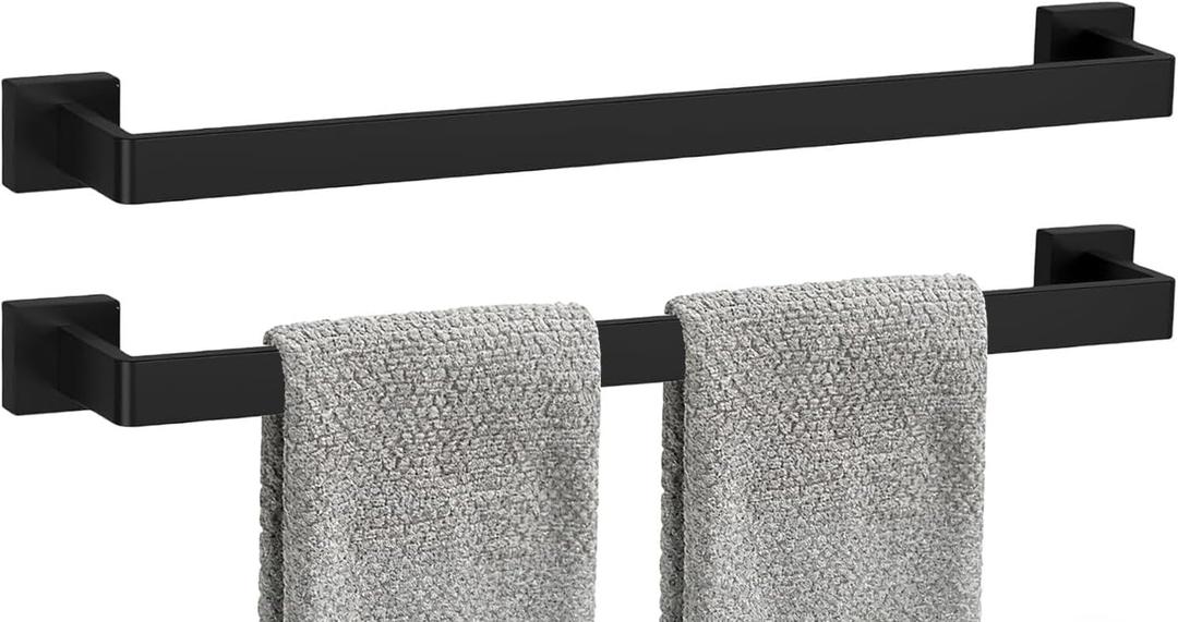 2 Packs 24 Inch Bathroom Towel Bar SUS304 Stainless Steel Matte Black Towel Holder Wall Mounted Heavy Duty Towel Rack Bathroom Towel Rod Modern Square Base Design(2, Matte Black, 24 Inch)